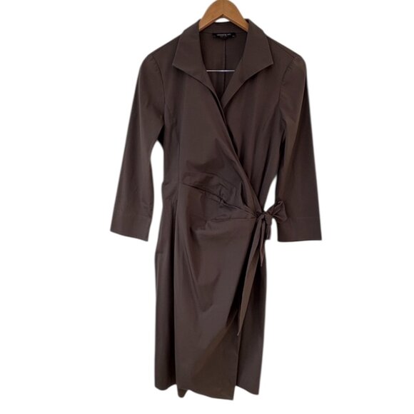Lafayette 148 NY Brown Dolly Wrap Tie Dress Cotton Stretch Sz 8 Minimalist Chic - Picture 2 of 9